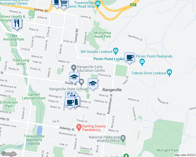 map of restaurants, bars, coffee shops, grocery stores, and more near 15 Maker Street in Rangeville