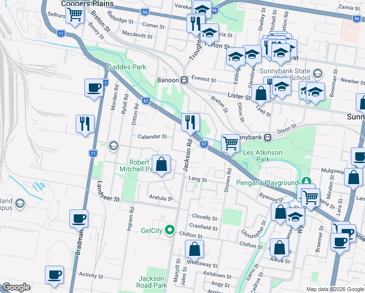 map of restaurants, bars, coffee shops, grocery stores, and more near 23 Jackson Road in Sunnybank Hills