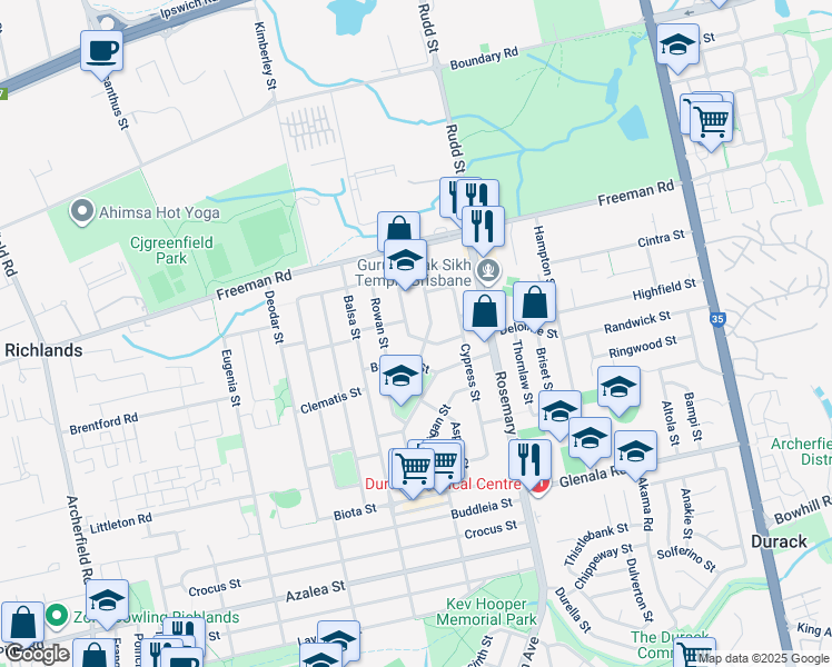 map of restaurants, bars, coffee shops, grocery stores, and more near 19 Yulan Street in Inala