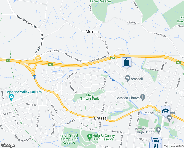 map of restaurants, bars, coffee shops, grocery stores, and more near 133 Currajong Place in Brassall