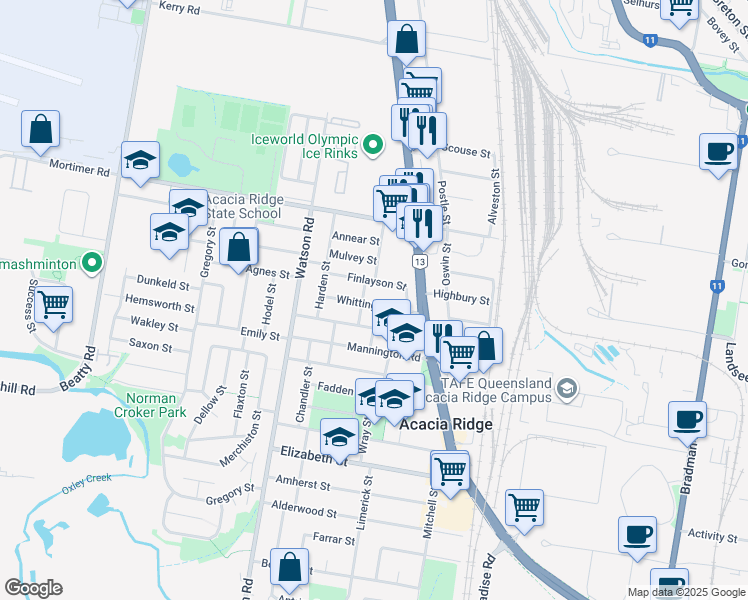 map of restaurants, bars, coffee shops, grocery stores, and more near 33 Whittingham Street in Acacia Ridge