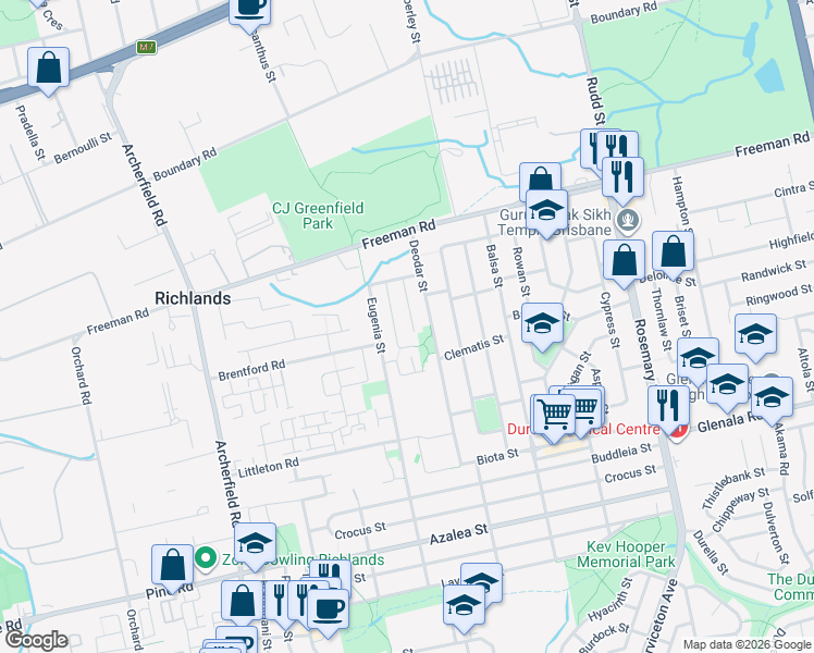 map of restaurants, bars, coffee shops, grocery stores, and more near 19 Bedarra Street in Inala