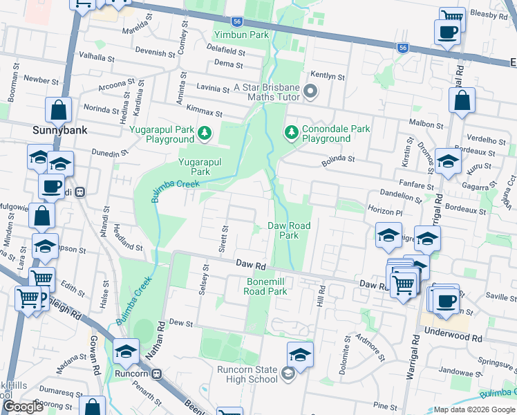 map of restaurants, bars, coffee shops, grocery stores, and more near 18 Colvillea Street in Eight Mile Plains