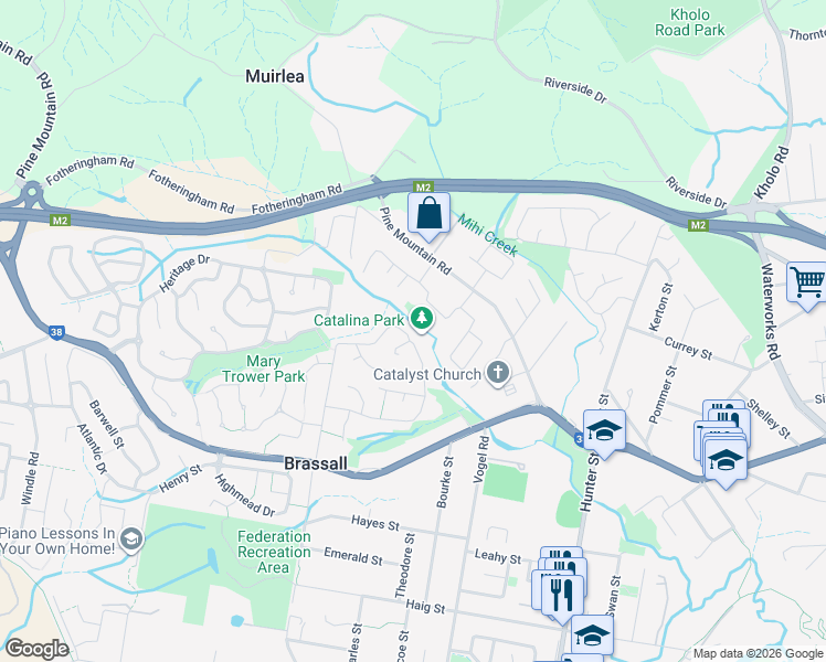 map of restaurants, bars, coffee shops, grocery stores, and more near 63 Caribou Drive in Brassall
