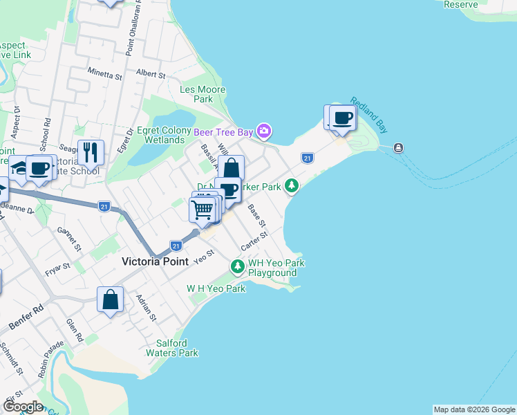 map of restaurants, bars, coffee shops, grocery stores, and more near 3 Base Street in Victoria Point