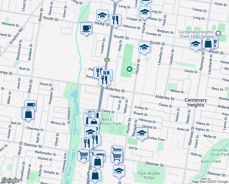 map of restaurants, bars, coffee shops, grocery stores, and more near 336 Alderley Street in Kearneys Spring