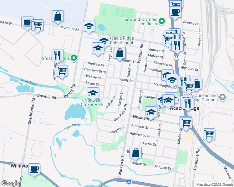 map of restaurants, bars, coffee shops, grocery stores, and more near 12 Dellow Street in Acacia Ridge