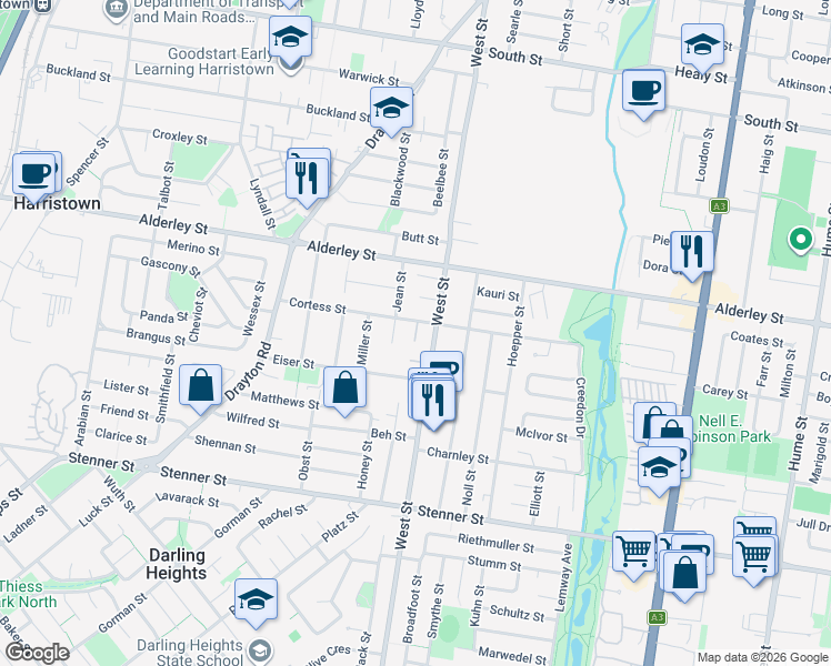 map of restaurants, bars, coffee shops, grocery stores, and more near 36 Cortess Street in Harristown
