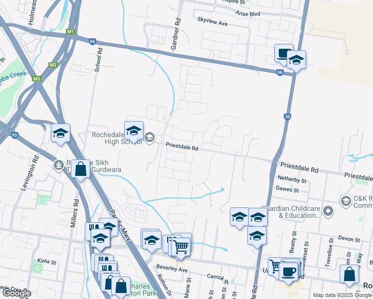 map of restaurants, bars, coffee shops, grocery stores, and more near 309 Priestdale Road in Rochedale