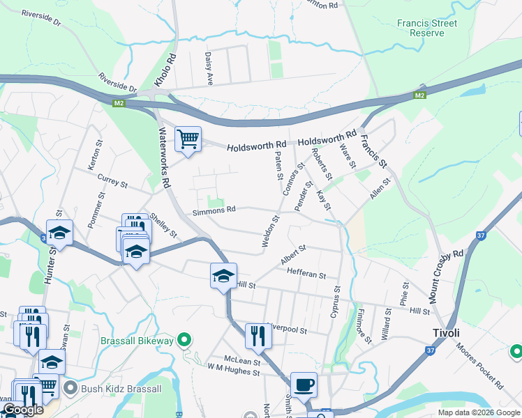 map of restaurants, bars, coffee shops, grocery stores, and more near Simmons Road in North Ipswich
