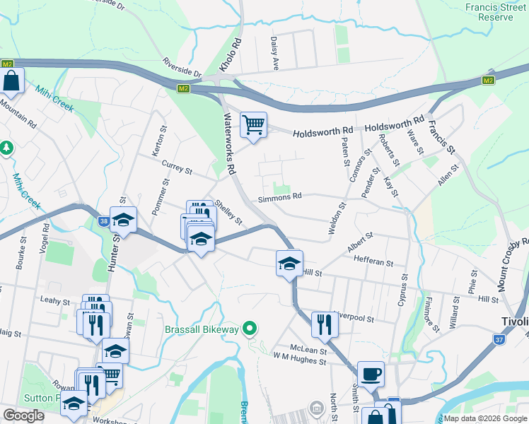 map of restaurants, bars, coffee shops, grocery stores, and more near 9 Waterworks Road in North Ipswich