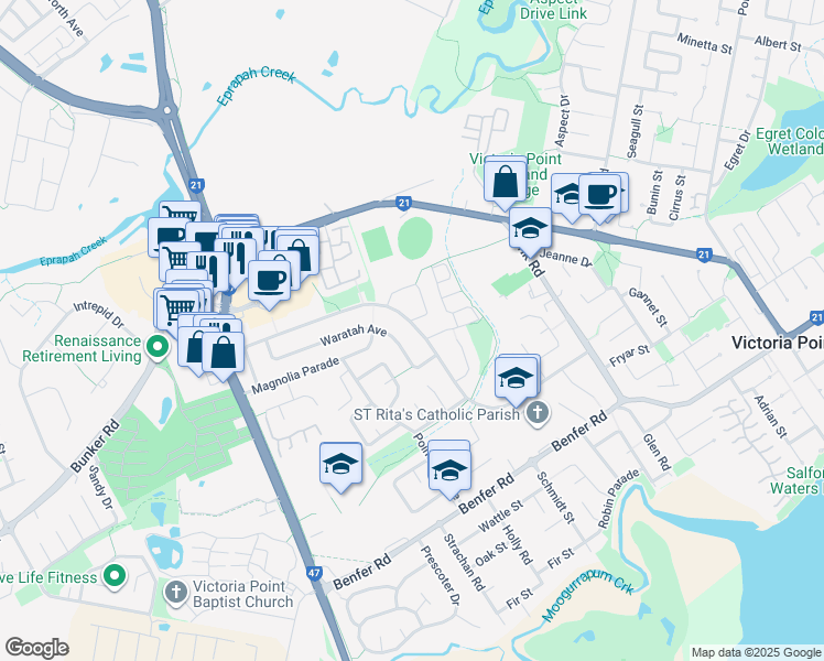 map of restaurants, bars, coffee shops, grocery stores, and more near 79 Sycamore Parade in Victoria Point