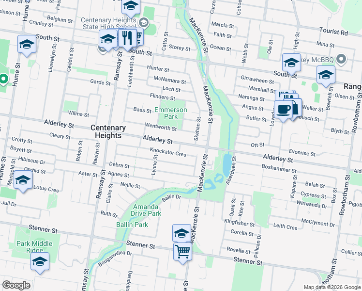 map of restaurants, bars, coffee shops, grocery stores, and more near 172 Alderley Street in Centenary Heights