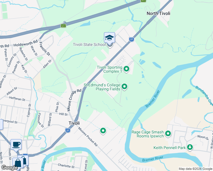 map of restaurants, bars, coffee shops, grocery stores, and more near 77 Mount Crosby Road in Tivoli