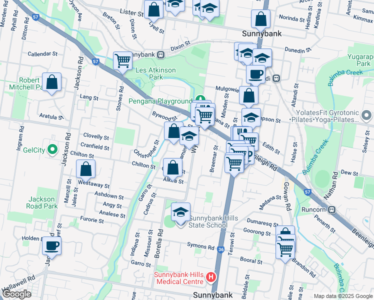 map of restaurants, bars, coffee shops, grocery stores, and more near 20 Taminga Street in Sunnybank Hills