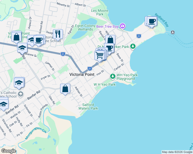 map of restaurants, bars, coffee shops, grocery stores, and more near 17 Yeo Street in Victoria Point