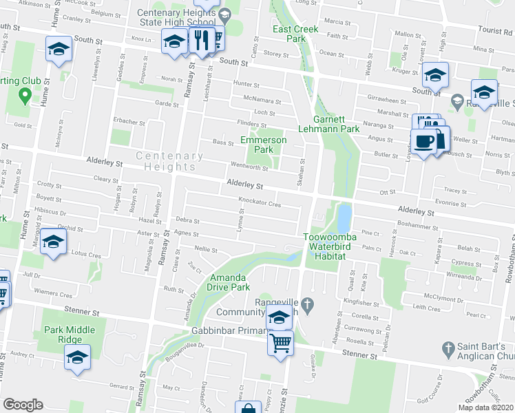 map of restaurants, bars, coffee shops, grocery stores, and more near 26 Knockator Crescent in Centenary Heights