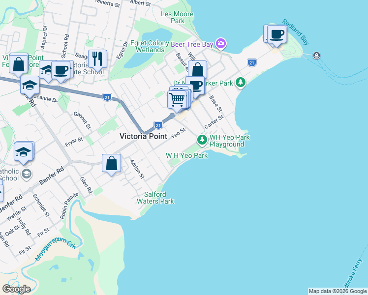 map of restaurants, bars, coffee shops, grocery stores, and more near 11 Eagle Street in Victoria Point