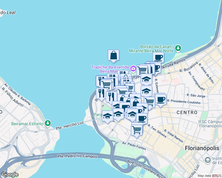 map of restaurants, bars, coffee shops, grocery stores, and more near 1038 Avenida Jornalista Rubens de Arruda Ramos in Florianopolis