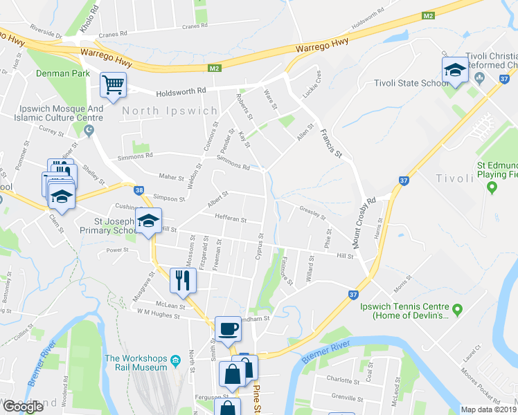 map of restaurants, bars, coffee shops, grocery stores, and more near 48 Cyprus Street in North Ipswich