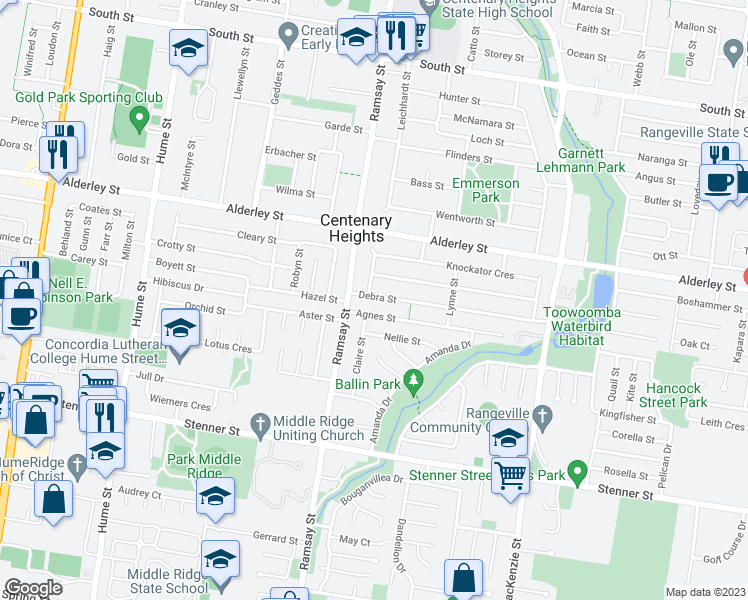 map of restaurants, bars, coffee shops, grocery stores, and more near 72 Debra Street in Centenary Heights