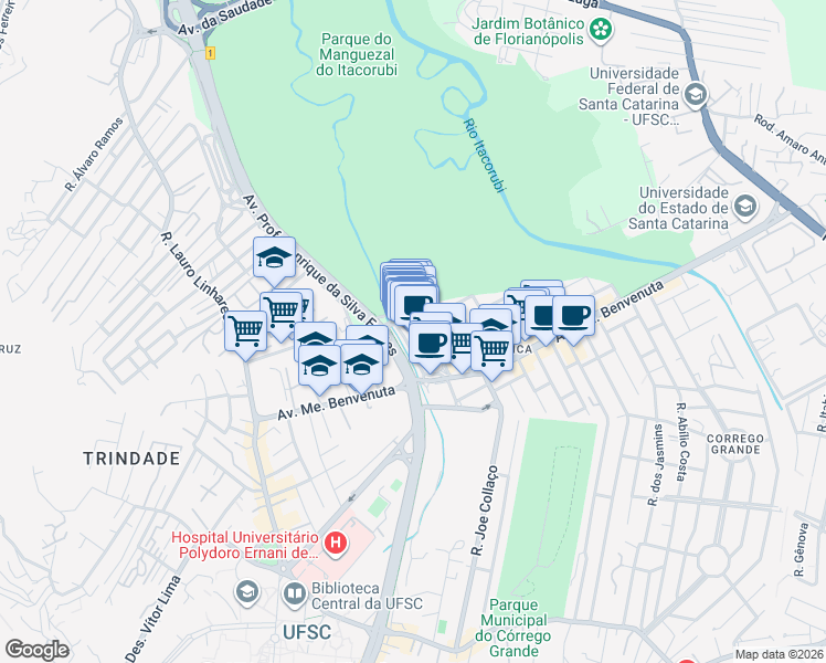 map of restaurants, bars, coffee shops, grocery stores, and more near 687 Avenida Madre Benvenuta in Florianópolis