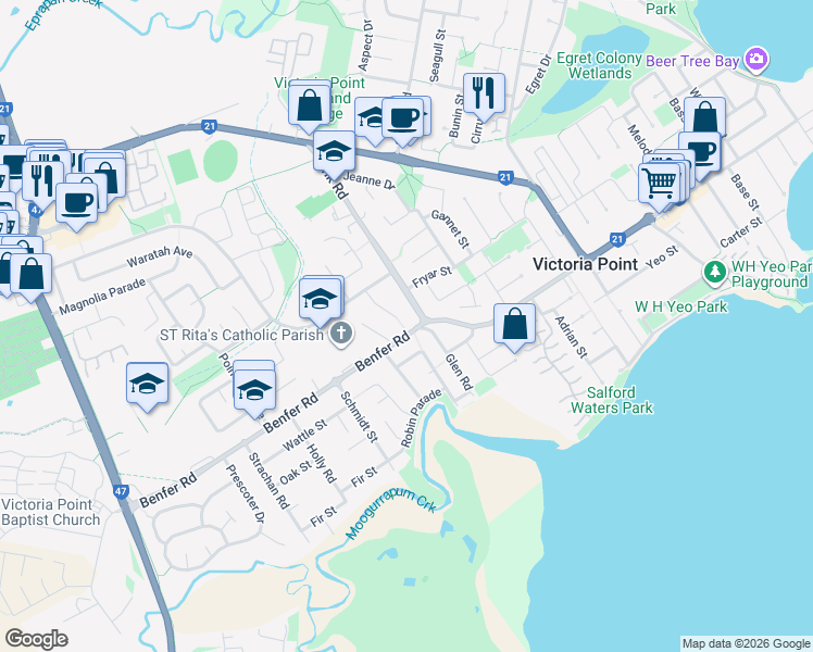 map of restaurants, bars, coffee shops, grocery stores, and more near 5 Benfer Road in Victoria Point
