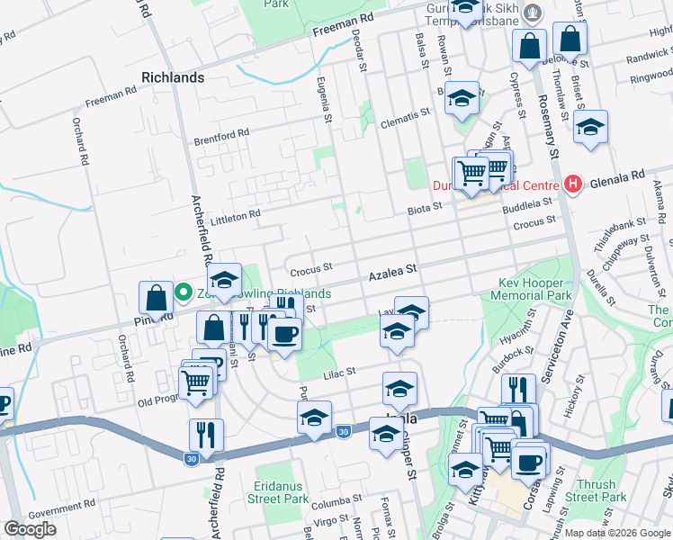 map of restaurants, bars, coffee shops, grocery stores, and more near 27 Crocus Street in Inala