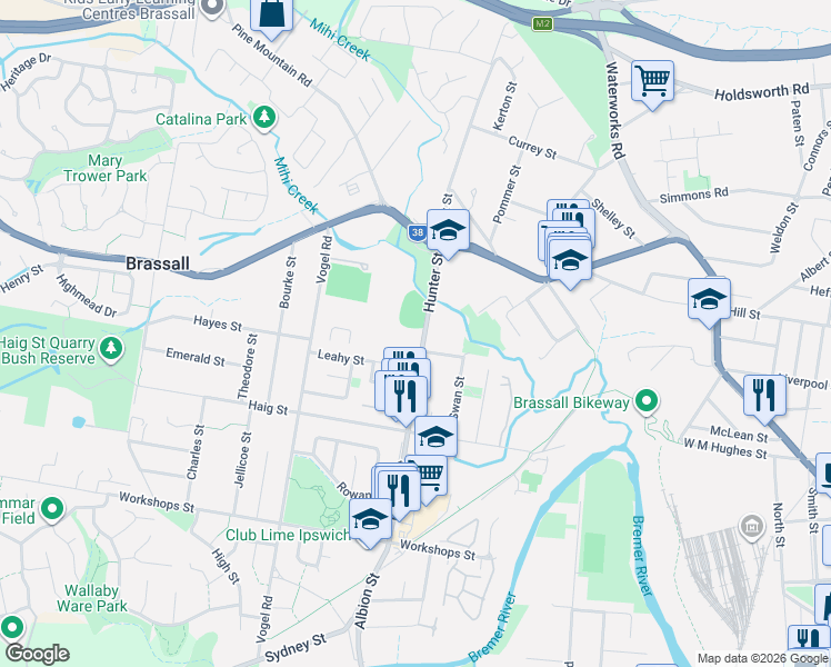map of restaurants, bars, coffee shops, grocery stores, and more near 1 Hunter Street in Brassall
