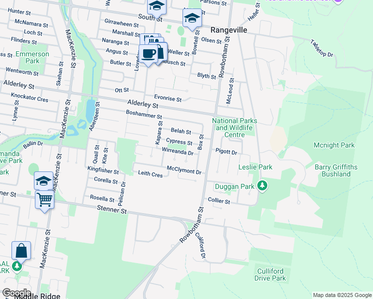 map of restaurants, bars, coffee shops, grocery stores, and more near 7 Wirreanda Drive in Rangeville