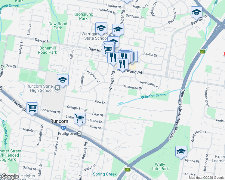 map of restaurants, bars, coffee shops, grocery stores, and more near 51 Woorabinda Street in Runcorn