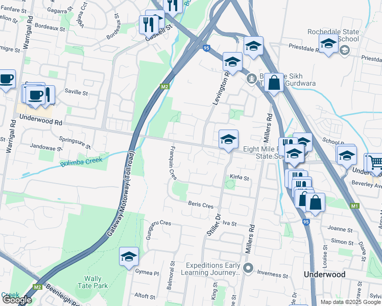 map of restaurants, bars, coffee shops, grocery stores, and more near 16 Doris Street in Kuraby