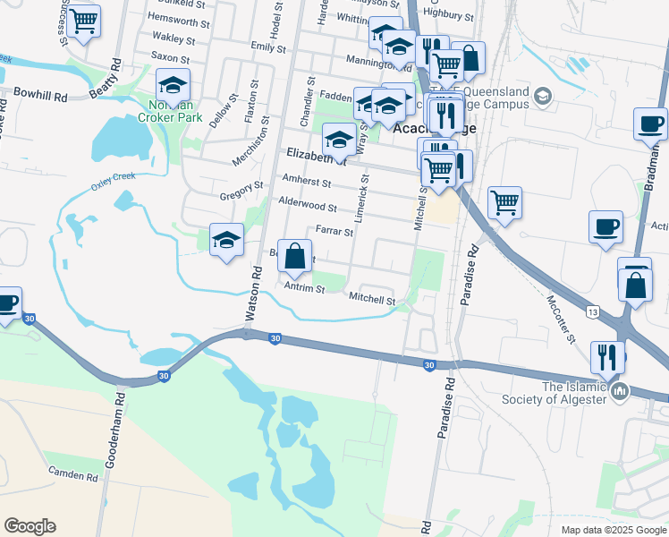 map of restaurants, bars, coffee shops, grocery stores, and more near 34 Bellamy Street in Acacia Ridge