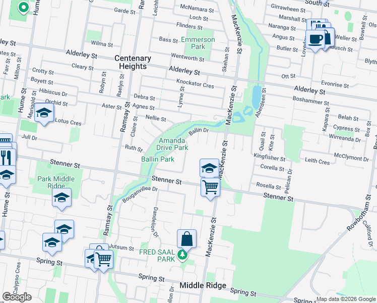 map of restaurants, bars, coffee shops, grocery stores, and more near 12 Lorraine Crescent in Centenary Heights