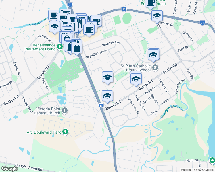 map of restaurants, bars, coffee shops, grocery stores, and more near 93-131 Benfer Road in Victoria Point