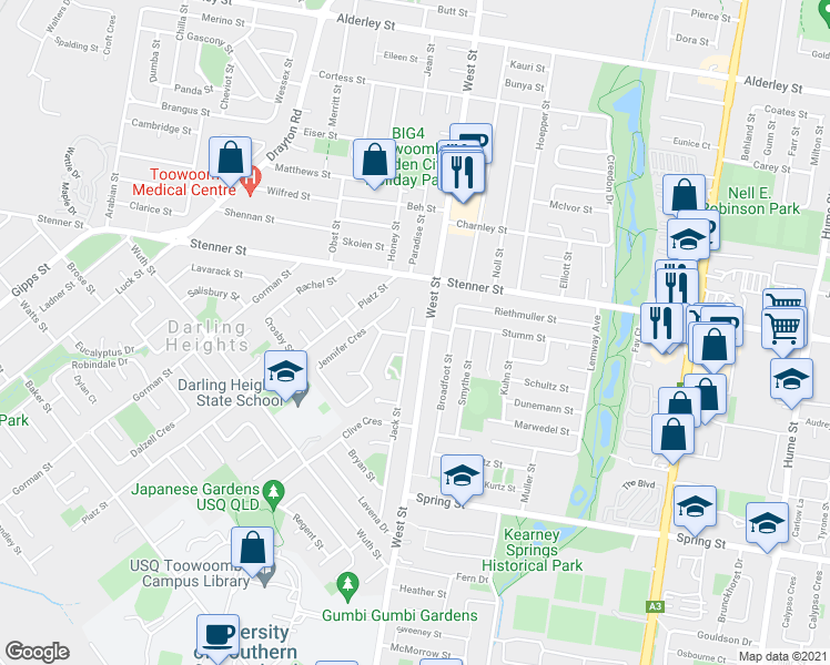 map of restaurants, bars, coffee shops, grocery stores, and more near 4 Pamela Street in Darling Heights