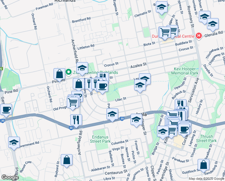 map of restaurants, bars, coffee shops, grocery stores, and more near 63 Lavender Street in Inala