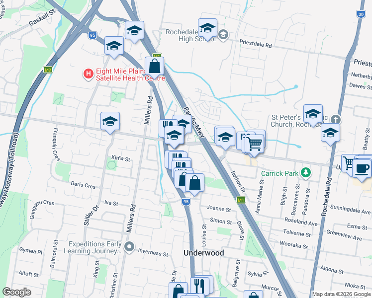 map of restaurants, bars, coffee shops, grocery stores, and more near 3 Caloma Street in Underwood