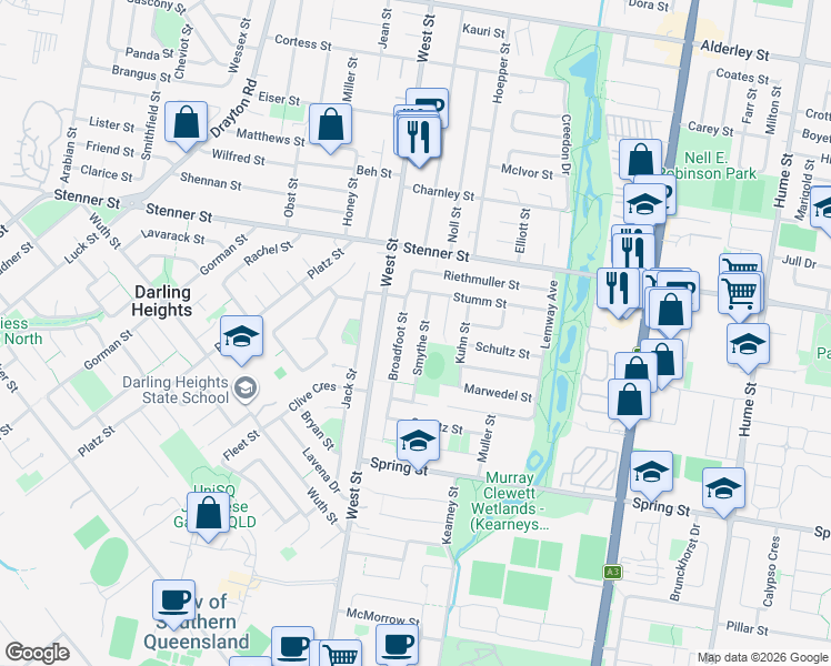 map of restaurants, bars, coffee shops, grocery stores, and more near 15 Smythe Street in Kearneys Spring