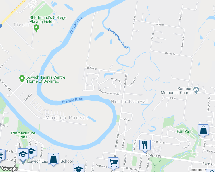 map of restaurants, bars, coffee shops, grocery stores, and more near 12 Heit Court in North Booval
