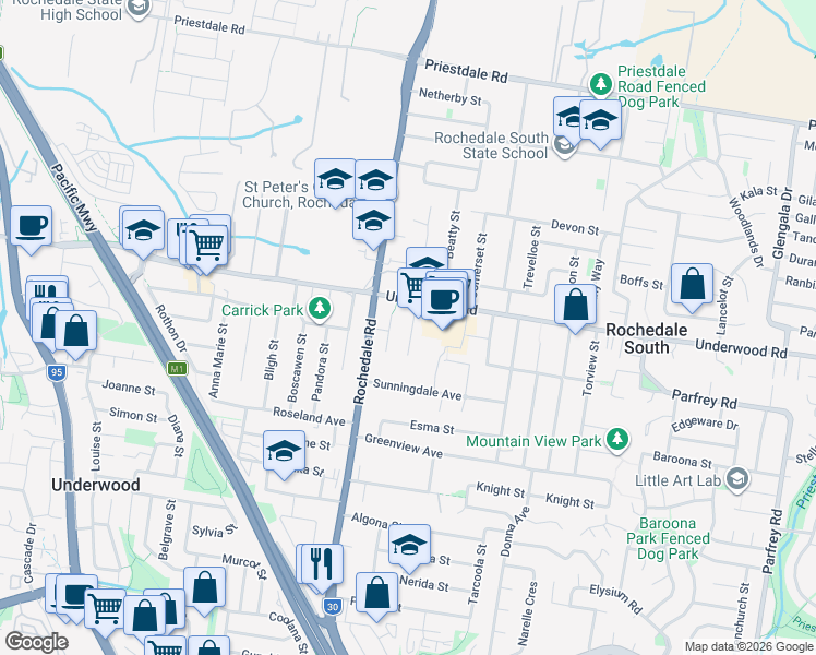 map of restaurants, bars, coffee shops, grocery stores, and more near 9 Bart Street in Rochedale South