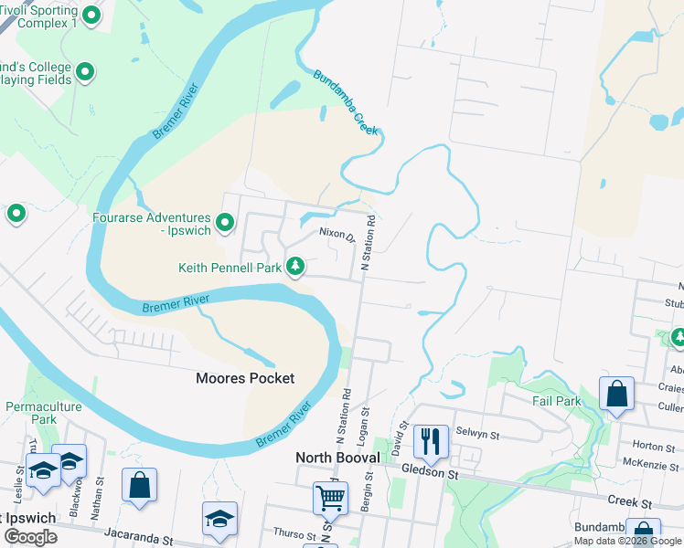 map of restaurants, bars, coffee shops, grocery stores, and more near 9 Baden Jones Way in North Booval
