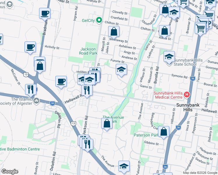 map of restaurants, bars, coffee shops, grocery stores, and more near 126 Kingman Street in Sunnybank Hills