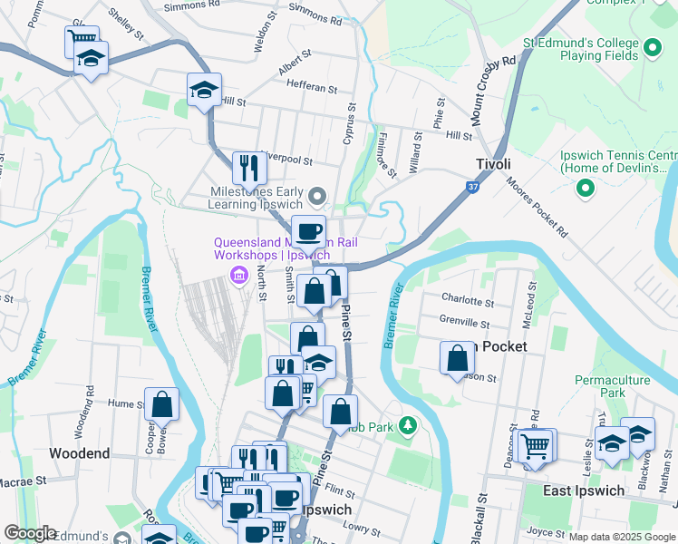 map of restaurants, bars, coffee shops, grocery stores, and more near 76 Pine Street in North Ipswich