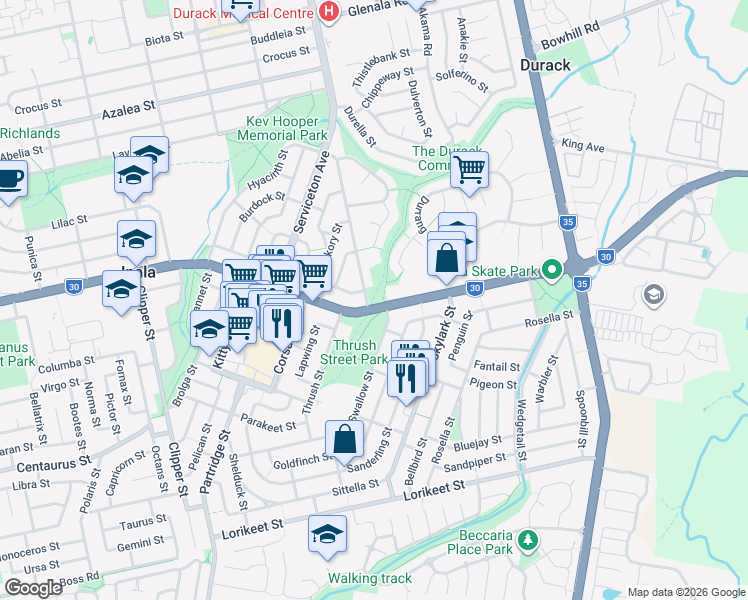 map of restaurants, bars, coffee shops, grocery stores, and more near 97 Inala Avenue in Inala
