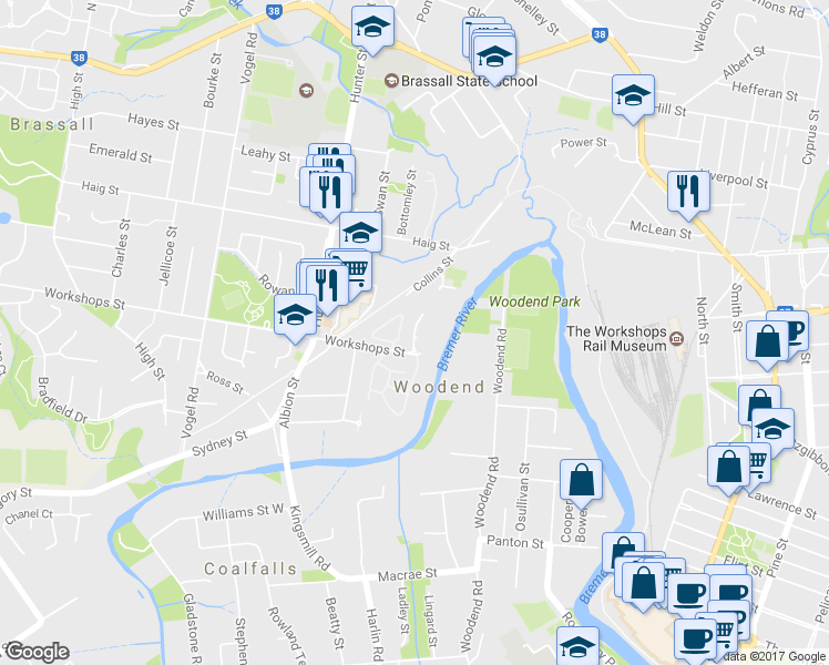 map of restaurants, bars, coffee shops, grocery stores, and more near Tunstall Place in Brassall