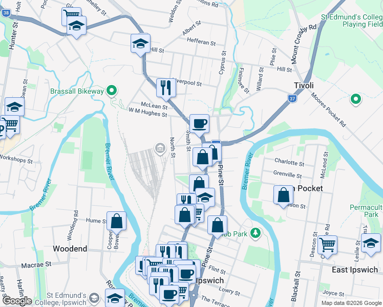 map of restaurants, bars, coffee shops, grocery stores, and more near 35 Smith Street in North Ipswich