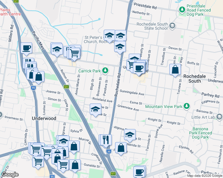 map of restaurants, bars, coffee shops, grocery stores, and more near 32 Dalhousie Court in Rochedale South