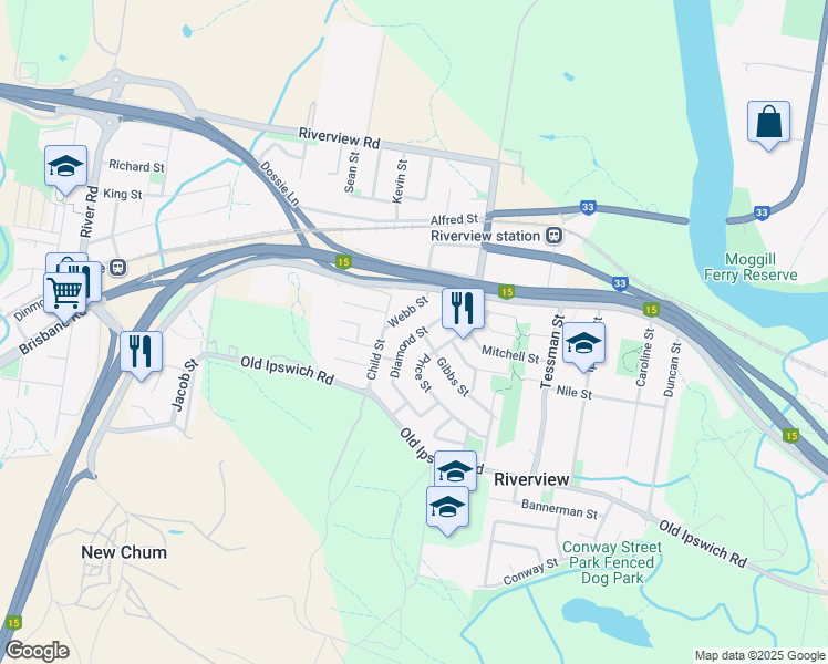 map of restaurants, bars, coffee shops, grocery stores, and more near 49 Diamond Street in Riverview