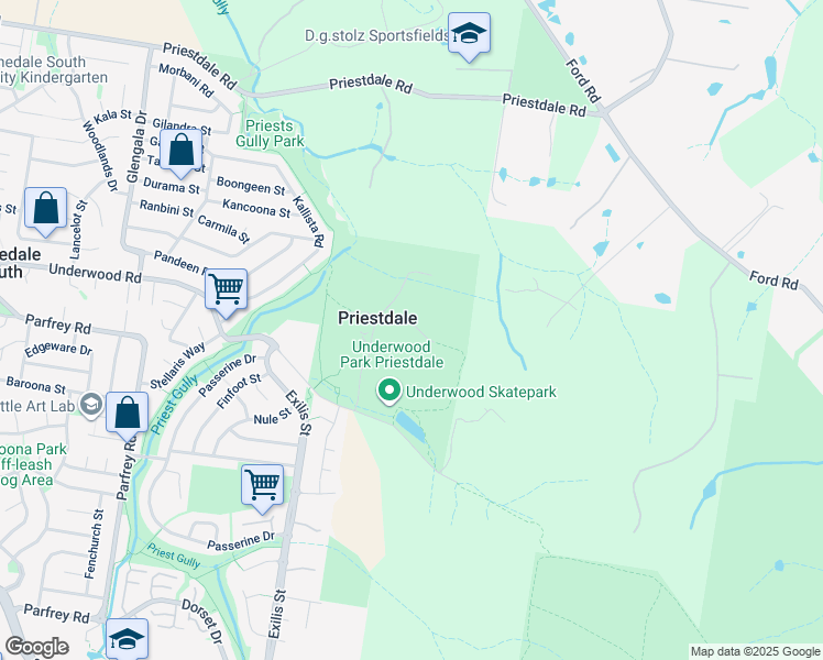 map of restaurants, bars, coffee shops, grocery stores, and more near 982-1006 Underwood Road in Priestdale